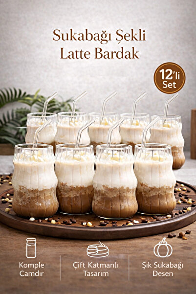 Madamev 12'li Sukabağı Latte Pipetli Cam Bardak İskandinav Burgu Kahve Koktey...