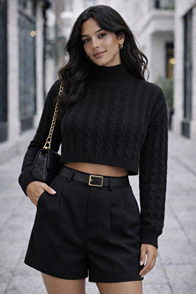 kikiriktekstil 10993 Μαύρο πλεκτό πουλόβερ με ψηλό γιακά και αυτοσχεδιασμένο ...