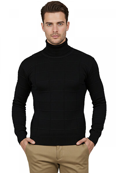 DeepSEA Pulover pentru bărbați, cu model pătrat negru, cu gât țesut, slim fit...