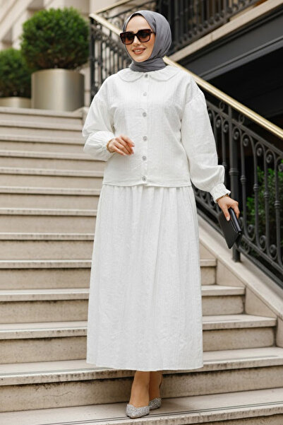 Neva Style طقم قطعتين بياقة بيبي مع تنورة حجاب بيضاء 30004B