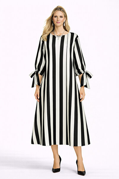 MERT ERKAN Black&White Thick Striped & Sleeve Tie Detail A-Line Midi Satin Dress