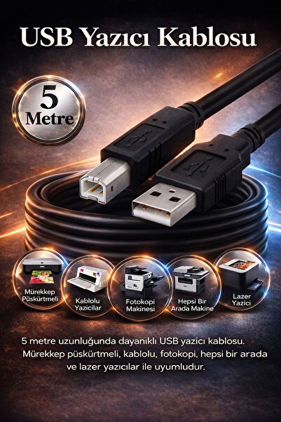 Derwell 5 Metre 5mt Yazıcı Kablosu Ara Printer Usb Bağlantı Kablosu Network L...