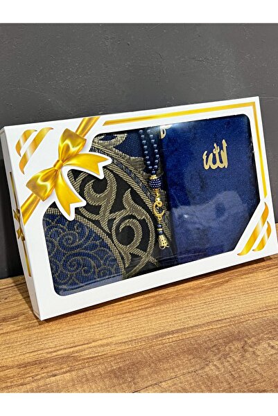 AYHANHOME Hediyelik Bohçalık Tafta Saçaklı Lacivert Seccade, Yasin, Tesbih Seti