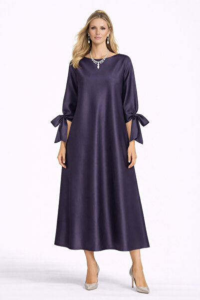 MERT ERKAN Kol Ağzı Bağlama Detaylı Midi Saten Salaş/A-Form Elbise