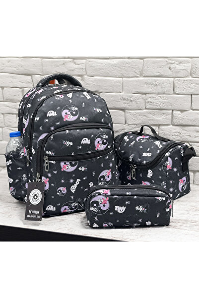 Bevitton Set of 3 Black Character Pattern First School Bag for Girl