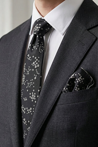 Milleniva Çiçekli Siyah Kravat & Mendil