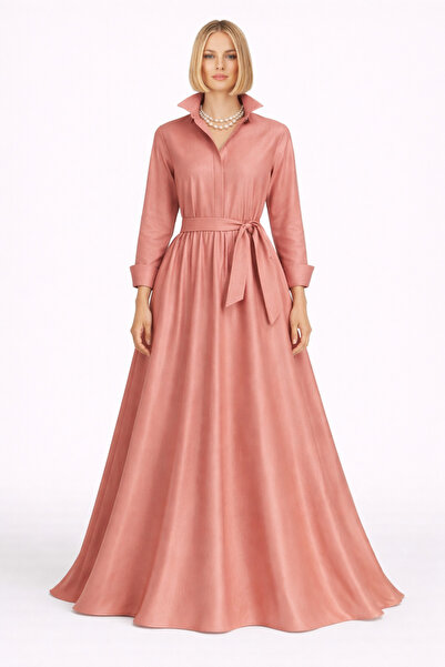 MERT ERKAN Light Pink Taffeta Shirt Dress with Belt & Hidden Placket Full Cir...