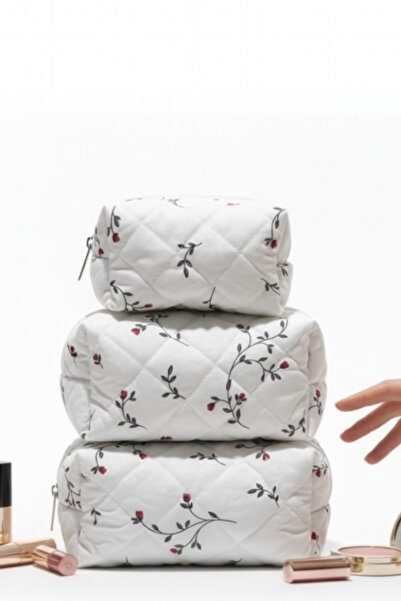 Bestway ve Diğeri Luxury White Quilted Floral Pattern 3-Piece Makeup and Cosm...