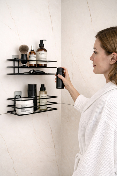 Alper Banyo رف حمام لاصق Tş01 شماعة دش حمام باللون الأسود غير اللامع - قطعتان