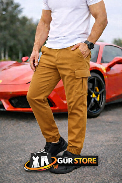 Gür Men's Mustard Trousers with Cargo Pockets, Elastic Waist, Elastic Cuffs, ...