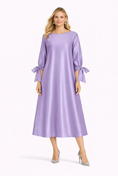 MERT ERKAN Kol Ağzı Bağlama Detaylı Oversize Midi Şık Saten Elbise