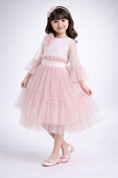 Melis Çocuk فستان سهرة بناتي بأكمام طويلة فستان زفاف