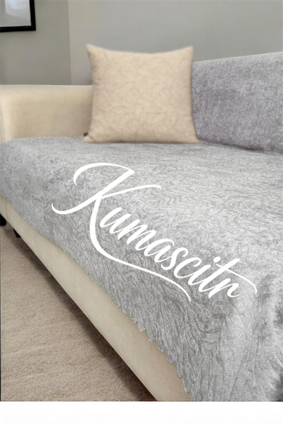 kumaşçıtr Sofa Bed Cover – Non-Slip Base with Sponge Velvet Fabric Gray Embossed Print
