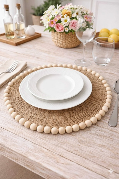 Gogoey Wicker Jute Supla American Service Plate with Wooden Beads and Jute St...
