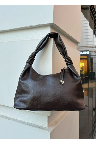 Melos Butik Geantă de mână și de umăr din piele baguette cu nod dublu, maro a...