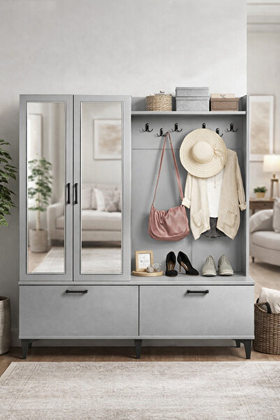 Moderniya Mobilya Polo 2 İki Kapılı Gri Aynalı Portmanto,Vestiyer,Ayakkabılık