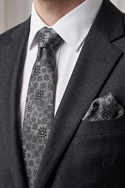 Milleniva ربطة عنق ومنديل بنمط الباتيك الرمادي