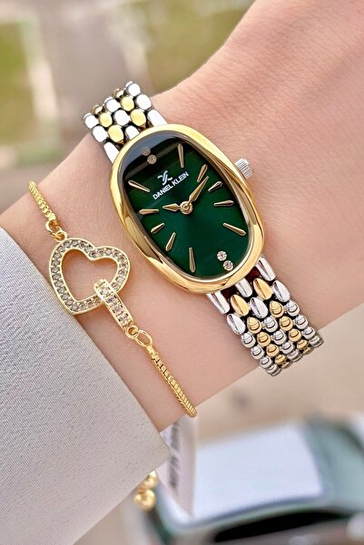 Daniel Klein Green Cordon Gold Silver Color Women's Wristwatch and Bracelet