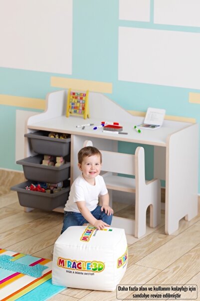 MİRACLE 3D Çocuk Çalışma Masası 90x45 Cm 3 Sepetli Çocuk Çalışma Masası Sırt ...