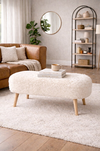 DEKOR MOBİLYACIM Paris Retro Ahşap Ayaklı Geniş Oturum Alanlı Oval Bench Puf ...