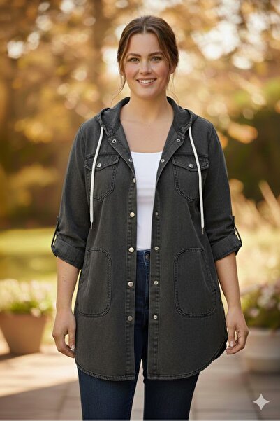 elma abone Plus Size Women's Washable Hooded Denim Trench Coat