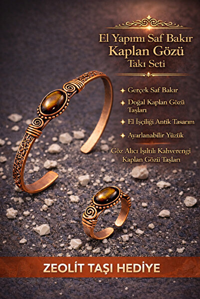İyyaKee Erkek Kadın Bakır Bileklik Yüzük Set Doğal Kaplan Gözü Taşı Kadın Kel...