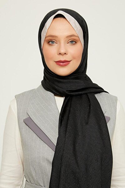 Levidor Черен - бежов шал с монограм и кръгъл мотив