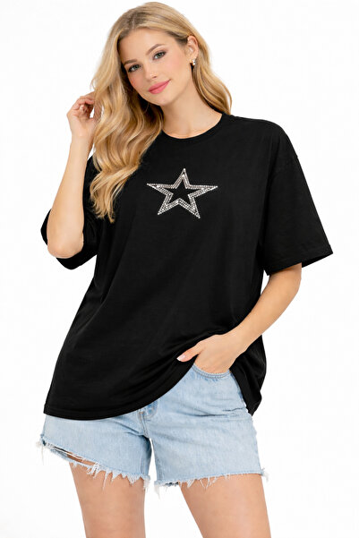 Jooy Tricou oversize negru cu imprimeu Star Stone pentru femei
