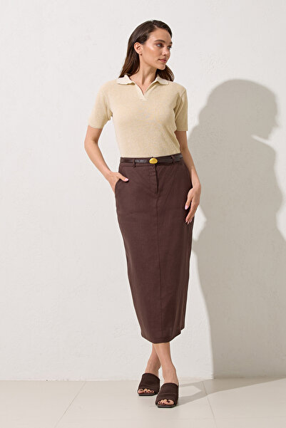 Setre Bitter-Brown 100% Linen Midi Length Skirt with Belt Detail