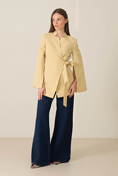 Setre Butter Yellow Slim Fit Sleeve Detailed Jacket with Tie Detail at the Waist