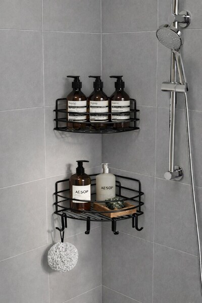 Sas Haus Black Corner Shower Shelf 2-in-1 Shampoo Holder 21 cm – Adhesive/Scr...