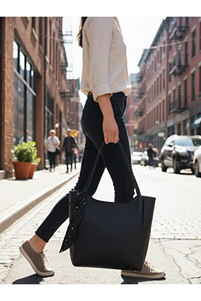 STEEPPOLO SİYAH Kadın Fularlı Fermuarlı Kapamalı Shopper El Ve Omuz Çantası