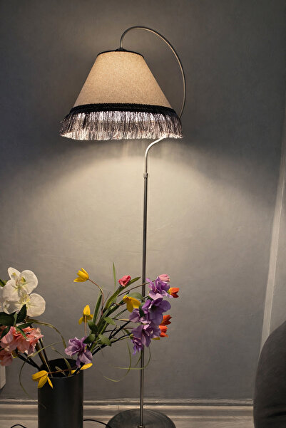 VENON Çise Lambader Elips Siyah Gümüş Patine Gri Püsküllü ⭐️Açık Gri Kumaş Te...