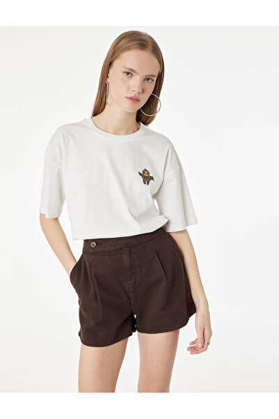 Koton Tricou de damă din bumbac ecru cu broderie Koala 6SAL10104IK