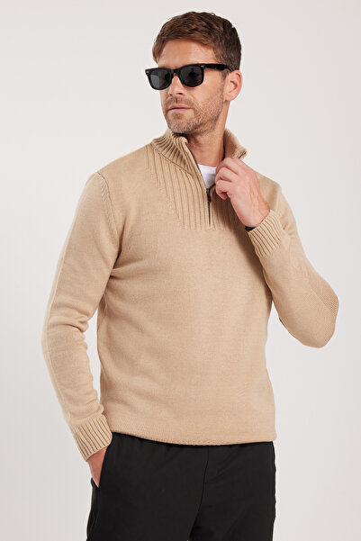 Tudors Men's Slim Fit Slim Fit Dobby Zippered Stone Stand Collar Sweater