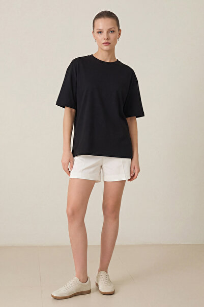 Setre Siyah %100 Pamuklu Bisiklet Yaka Basic Kısa Kollu Oversize T-Shirt