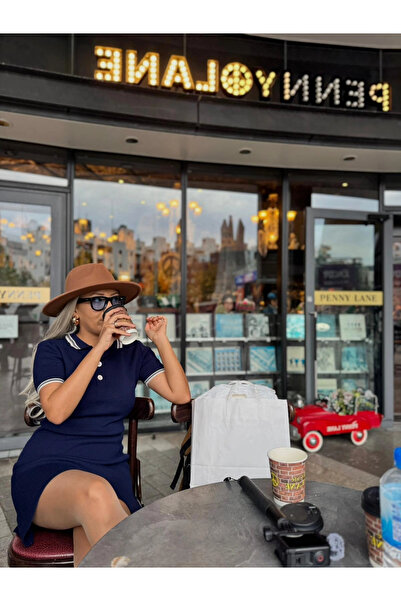 Melissatelier فستان جامعي قصير الأكمام بياقة بولو ونصف زر، لون كحلي