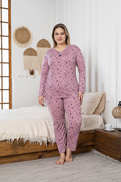 MİSSLALE Desenli Büyük Beden Viscon Kadın Uzun Kollu Pijama Takımı