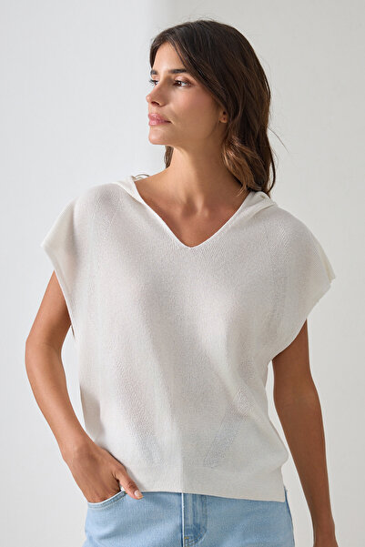 Setre Beige V-Neck Hat and Sleeve Detailed Knitwear Blouse