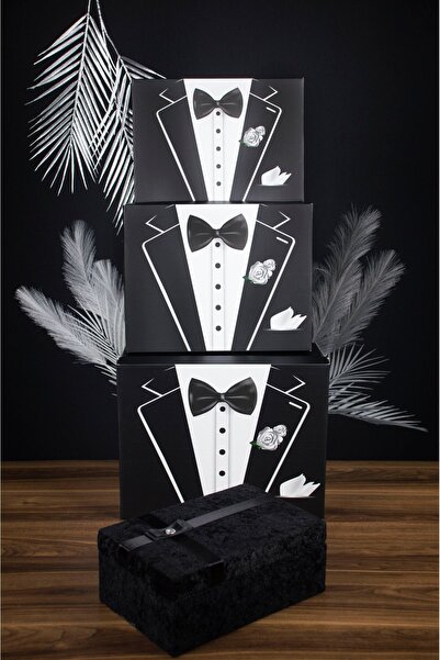 ADENZ Damat Nişan Çeyiz Bohçası 4'lü set - 3 Kutu 1 Kadife Kaplı Ahşap Sandık