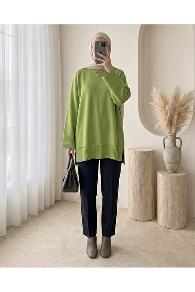 Modamorfo Ribbed Round Neck Slit Knitwear Tunic with Ribbed Hem and Sleeve Cu...