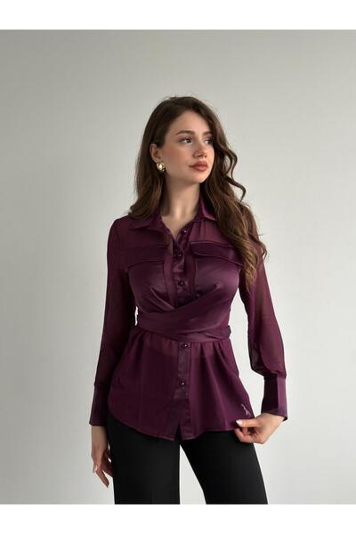 bbeox.com Transparan Saten Detaylı Gömlek