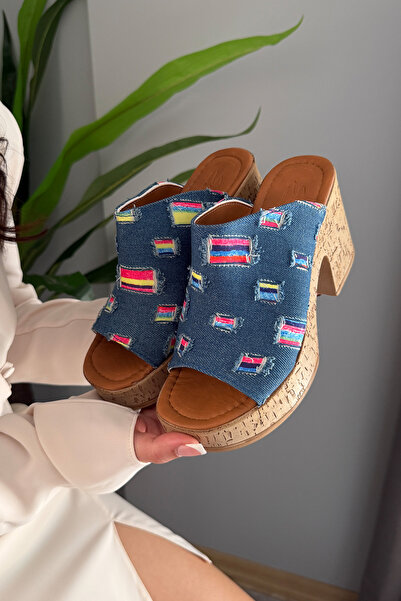 Preshley Women's Silva Blue Denim Fabric Cork Sole Orthopedic Platform Heel S...