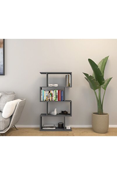 Mirobi Derbent 4 Raflı Kitaplık Zikzak Dekoratif Raf Zigzag Kitaplık, Antrasit