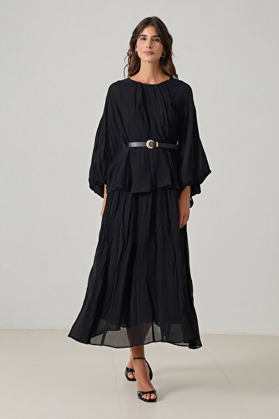 Setre Μαύρο φαρδύ φόρεμα με μακρυμάνικο φαρδύ μίντι μήκους με λεπτομέρεια στη...