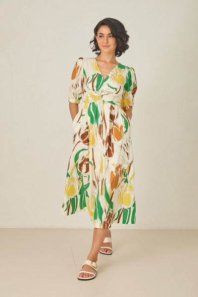 Setre Rochie de in cu decolteu în V, galben ecru, cu mâneci, cu talie detaliată