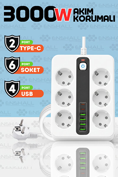 Enshall PRO P11 6X Priz 3000W Termal Akım Korumalı 4X USB 2X Type-c Girişli Ç...