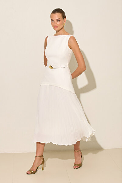 Setre Ecru Sleeveless Fitted Dress with Belt at the Waist and Boat Neckline
