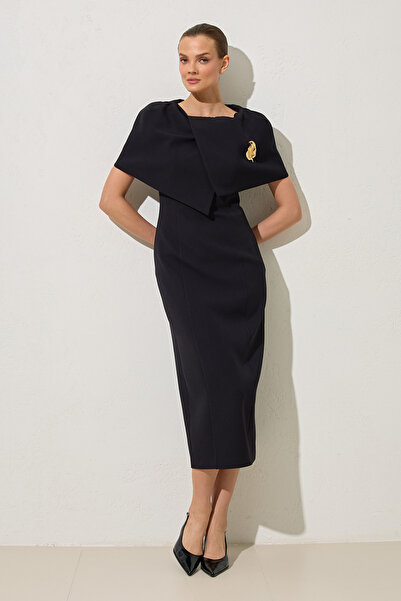 Setre Black Collar Detailed Full Fit Midi Length Dress