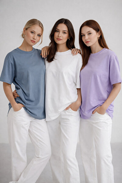 Rich Pachet de 3 tricouri de damă, antracit-liliac-alb, 100% bumbac, oversize...
